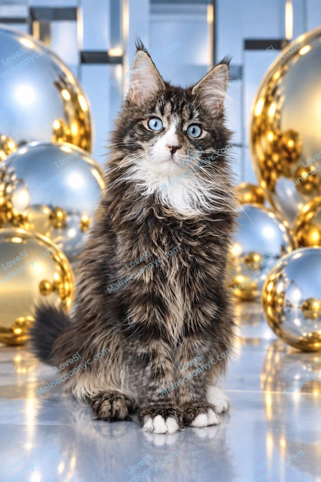 Fluffy tabby cat with blue eyes